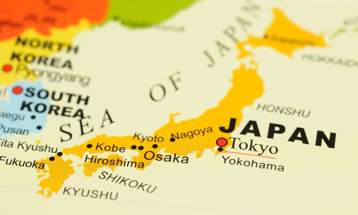 A small portion of a map, displaying Japan and parts of the east in relation to how they handle invest-ing in their business in times of economic difficulty